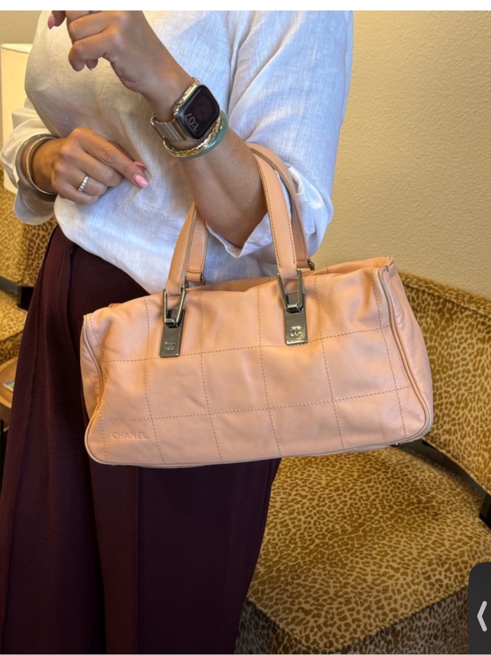 CHANEL Peach Leather Quilted Shoulder Bag